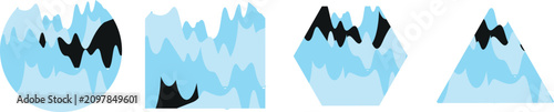 A collection of four distinct geometric shapes including a circle square hexagon and triangle each filled with blue wave layers and black mountain-like silhouettes. Perfect for modern graphic design 