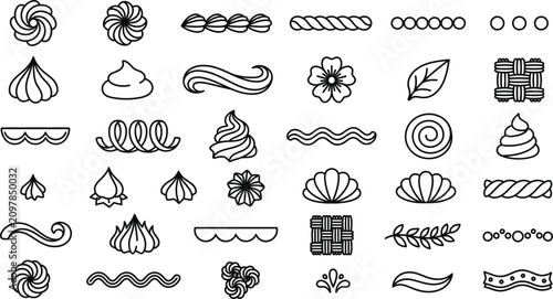 Cake decorating nozzles line art vector illustration collection featuring frosting patterns, swirls, borders, and piping elements