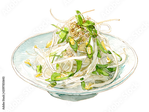 Korean Bean Sprouts Salad in Glass Bowl Watercolor Illustration, AI Generated