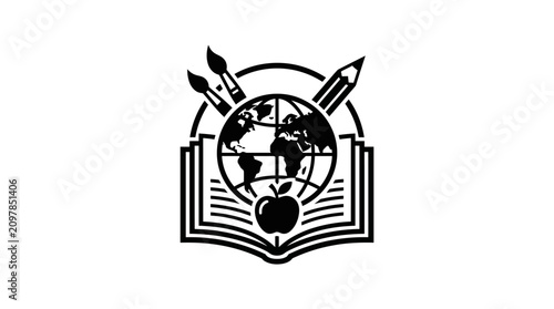 Education logo with globe and book.