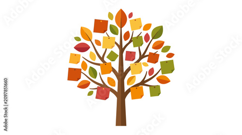 Stylized autumn tree with colorful sticky notes representing brainstorming and project planning flat vector illustration.