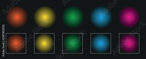 Foto A modern minimalist design featuring five glowing colorful spheres each enclosed within a thin white square frame against a dark background