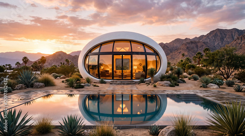 futuristic sphere house with pool in desert oasis at sunset