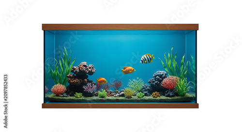 Colorful tropical fish swimming in coral reef aquarium. Vibrant underwater marine life scene with bright orange clownfish and sea plants.