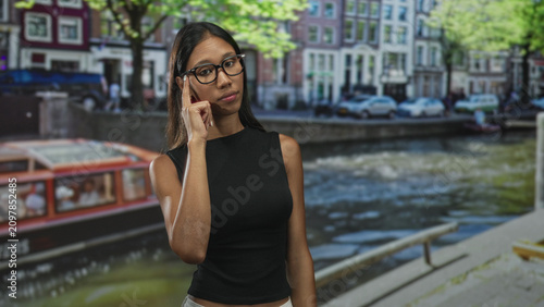 Foto Thai woman wearing glasses pointing index finger toward camera on street beside a canal and moored boat with railing; assertion