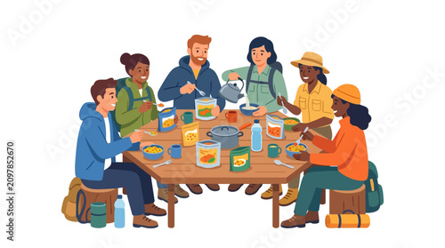 Diverse multicultural hikers sharing a communal meal during an outdoor camping adventure flat design vector illustration