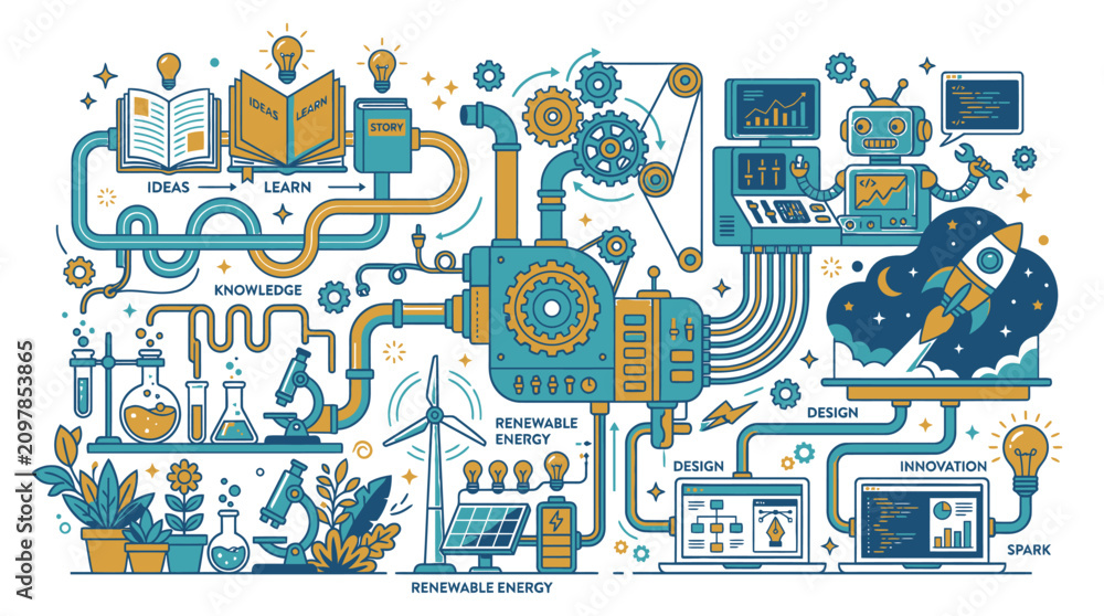 Fototapeta premium Conceptual Illustration of Education and Innovation Process with Science Technology and Renewable Energy Elements