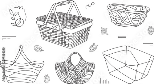 Fotografía Picnic basket vector illustration set featuring wicker hampers shopping bags wov