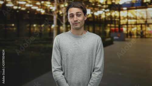 Obraz na płótnie Man in gray sweater with hands clasped then touching chest and pointing finger at camera in front of building entrance at night; thoughtful reflection