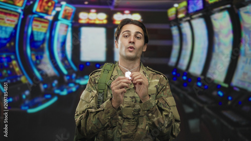 фотографія Soldier man in camouflage holds dog tag necklace between fingers, hand near chest, standing amid slot machines in a building; duty reflection