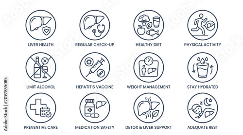 Liver Health Icons: Diet, Exercise, Check-up, Hydration, Rest, Detox, Medication, Alcohol