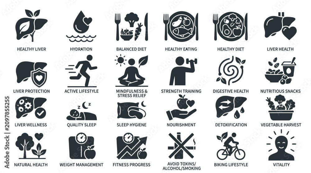 Fototapeta premium Healthy Lifestyle Icons Set: Nutrition, Fitness, Sleep, Detox, Vitality