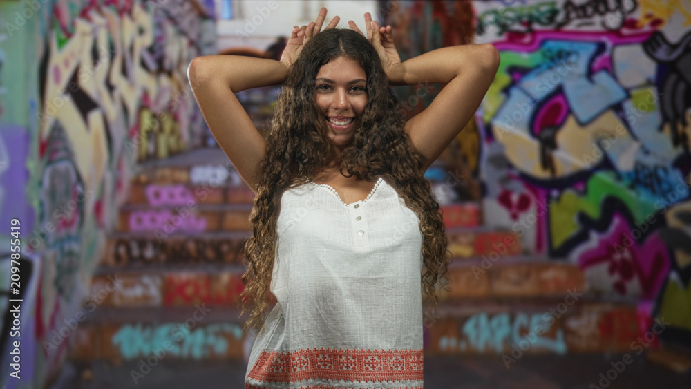 Fototapeta premium Woman smiling with hands behind head and fingers making bunny ears in a street graffiti stairwell; playful.