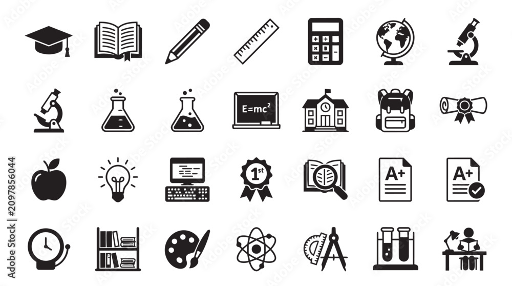 Fototapeta premium Set of black and white education and science featuring a graduation cap, microscope, calculator, globe, books, chemistry flasks, school building, backpack, diploma, apple, and atom symbol