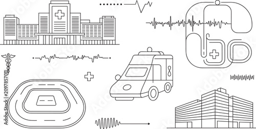 Cuadro en lienzo Hospital building vector illustration set featuring line art medical ambulance h