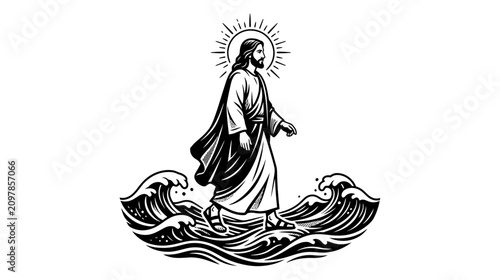 Fotografie Jesus Christ Walking on Water, Religious Symbol, Divine Miracle
