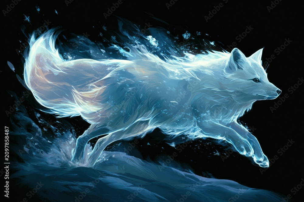 Fototapeta premium An arctic fox jumps through deep snow, leaving a trail of glowing snow crystals around its body in a dark setting.