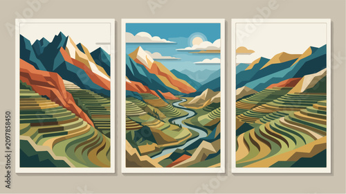 Quadro su tela Vibrant vector illustration set featuring geometric mountain peaks and lush rice