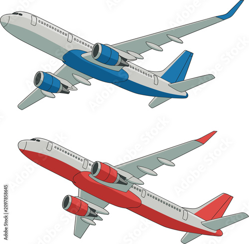 Fotografía Commercial passenger airplane vector illustration set showing blue and red jetli