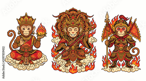 Quadro su tela Vibrant vector illustration depicting three legendary monkey king figures dresse