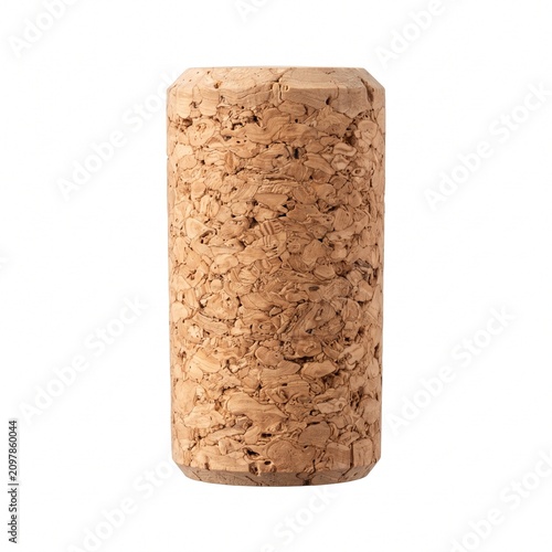 Natural wine cork stopper isolated on white background, textured wooden bottle plug, organic oak bark material for winery packaging and beverage storage