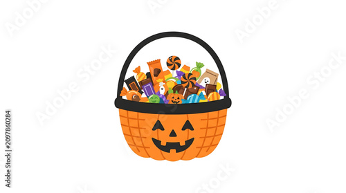A vector graphic illustration of a jack-o-lantern basket filled with Halloween candy