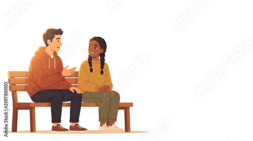 A vector graphic illustration of a man and woman sitting on a bench having a conversation