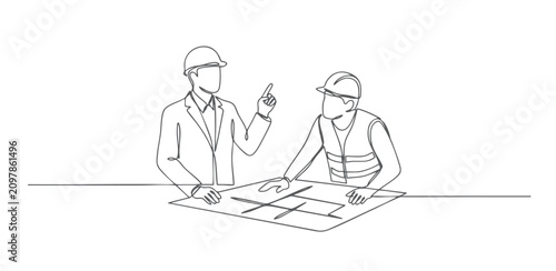  Continuous one line drawing of architect directing construction engineer during blueprint review for building project isolated on white background.