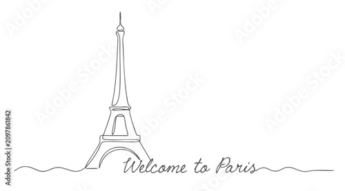 Continuous one line drawing of Eiffel Tower with welcome to Paris typography minimalist travel landmark illustration isolated on white background.