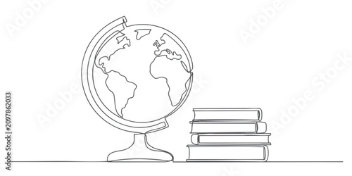  Continuous one line drawing of world globe with stack of books education geography learning illustration isolated on white background.