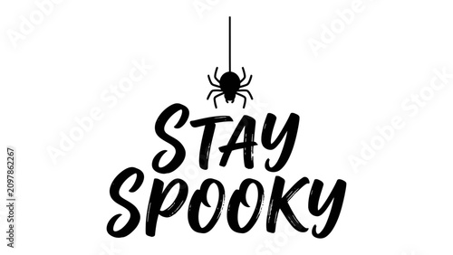 Konstfotografi Stay Spooky Halloween Message: A charming Halloween graphic featuring a silhouetted spider dangling from a string above the bold, gothic-style text STAY SPOOKY on a clean white background
