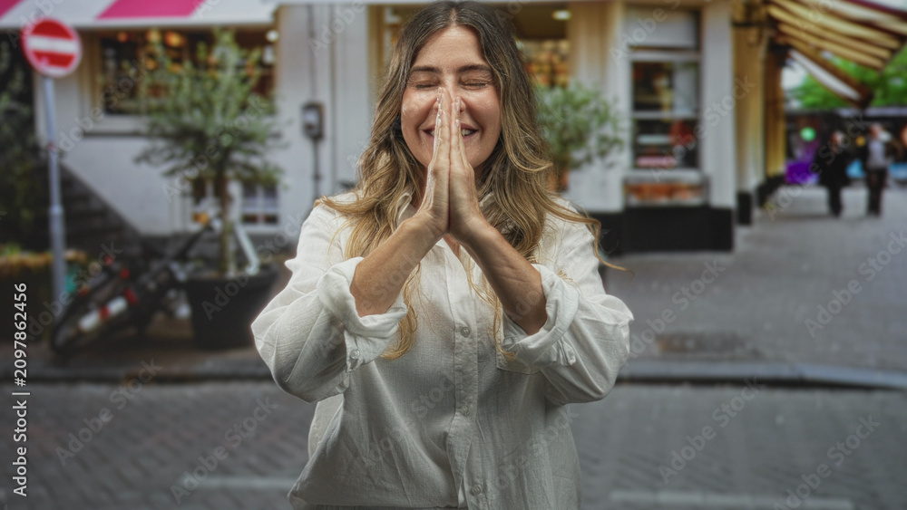 Fototapeta premium Middle age woman with hands pressed together in prayer on a city street, white shirt visible; gratitude prayer.
