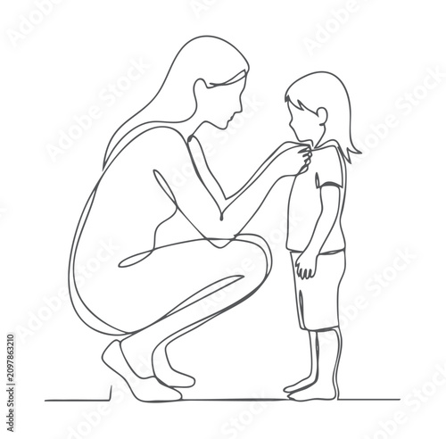 Continuous line art of mother helping little girl with gentle parenting concept isolated on white background.