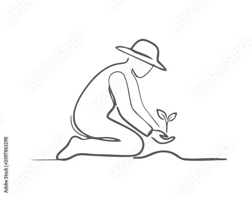 Continuous line art of female gardener nurturing plant for environmental conservation isolated on white background.