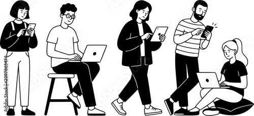 People with devices. Men and women use laptop, tablet and smartphones, characters with internet devices equipment, holding and using digital gadgets vector. minimal guys with phones online