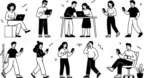 People with devices. Men and women use laptop, tablet and smartphones, characters with internet devices equipment, holding and using digital gadgets vector. minimal guys with phones online