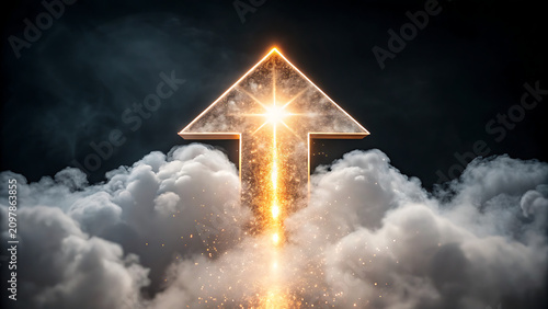 Futuristic glowing cross symbol radiates divine light. Illuminated religious icon emerges from dramatic storm clouds.