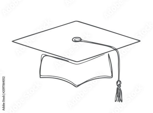 Continuous one line drawing of graduation cap symbol representing education academic achievement and successful graduation isolated on white background.