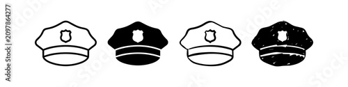 Photos Set of four police officer hat icons in varied styles: outline, solid silhouette, thin line, and hand-drawn sketch