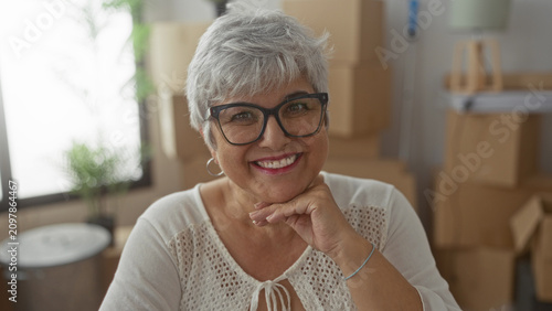 Bild auf Leinwand Woman with glasses resting chin on hand, smiling among cardboard moving boxes inside a building; contentment new home