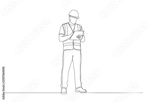  Continuous line art of site inspector completing safety checklist on clipboard isolated on white background.