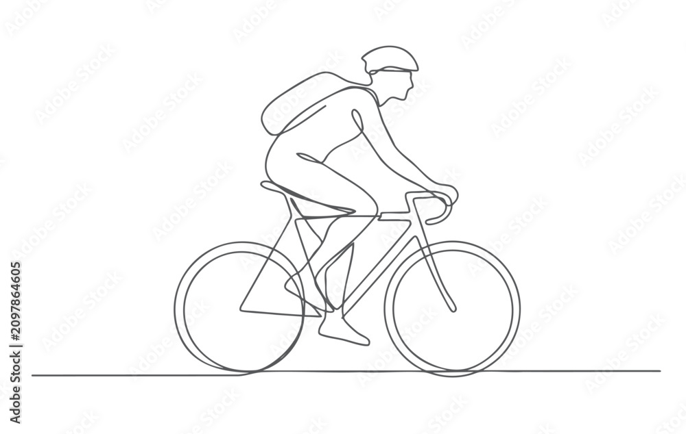 Obraz premium Continuous line art of bicycle rider commuting with sustainable transportation concept isolated on white background.