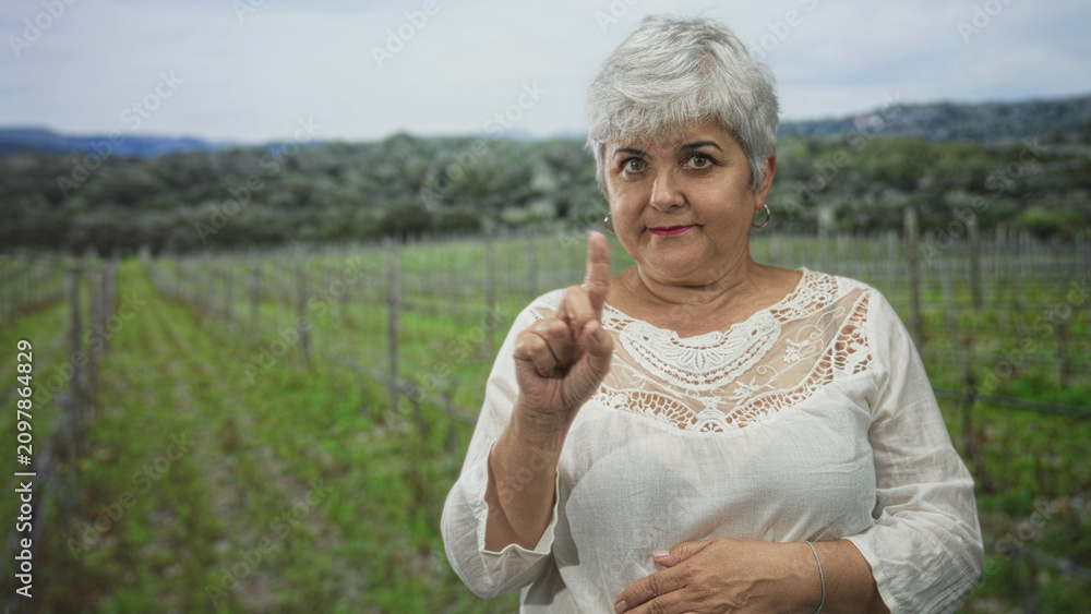 Obraz premium Woman, senior with grey hair, points finger and holds hand on stomach in a vineyard forest, wearing white lace blouse and hoop earring; firm admonition.