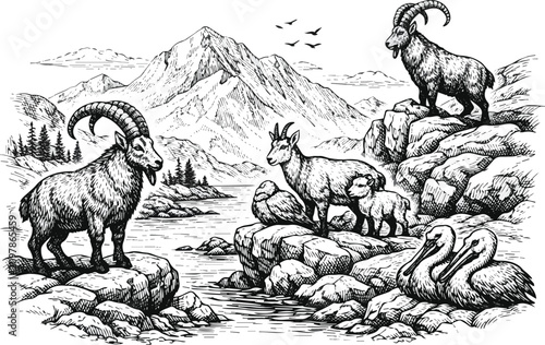Obraz na plátne Created on Hand drawn mountain alpine goats standing on rocky cliffs, detailed w