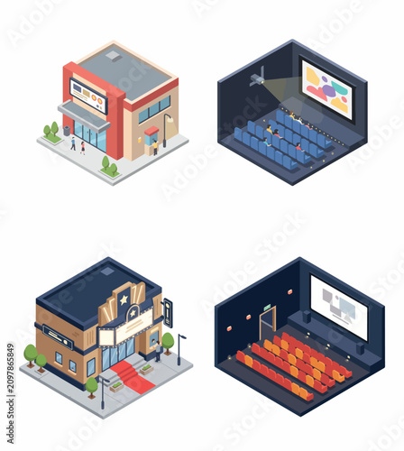 Isometric cinema buildings and interior movie theater halls set vector illustration