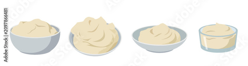 Foto Creamy mayonnaise and sauce dips in bowls vector set, minimalist watercolor style garlic aioli illustration, white cream condiment isolated on white background