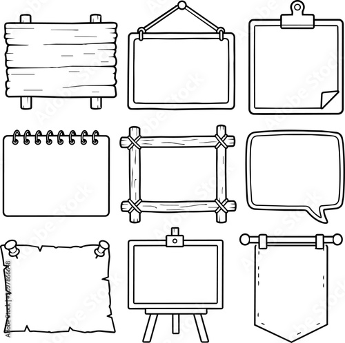 Hand drawn collection of signboards frames notes and speech bubble outlines