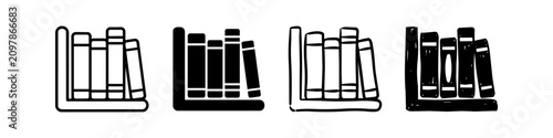 фотографія Set of four book shelf icons in various styles: outline, solid black, and hand-drawn doodles