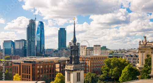 London view, skyscrapers on south embankment and London Eye at distance 