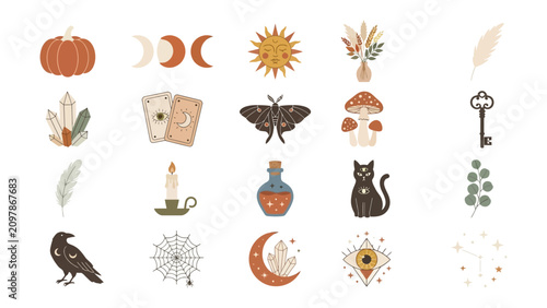 Konstfotografi Mystical Elements Collection: A curated assemblage of whimsical and spiritual symbols, featuring celestial bodies, crystals, occult icons, and natural motifs, perfect for crafting a magical aesthetic